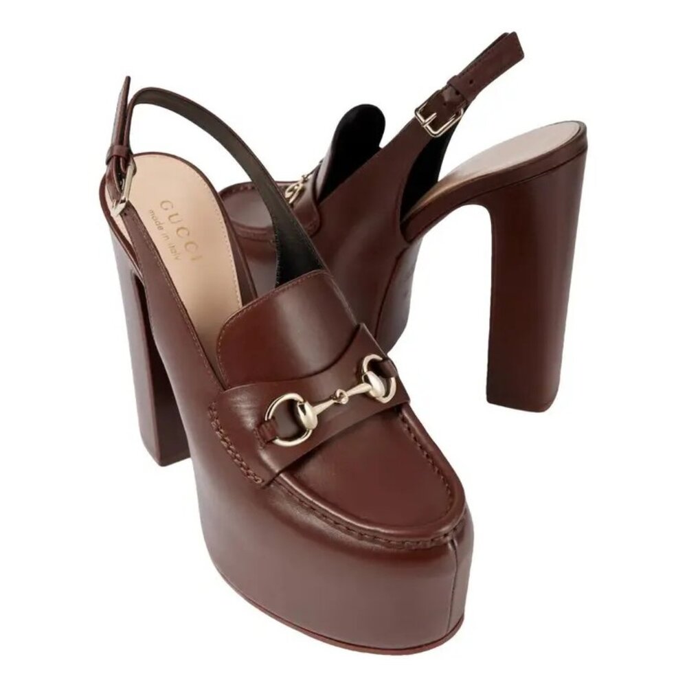Gucci Brown Leather Platform Slingback Heels with Gold Horsebit